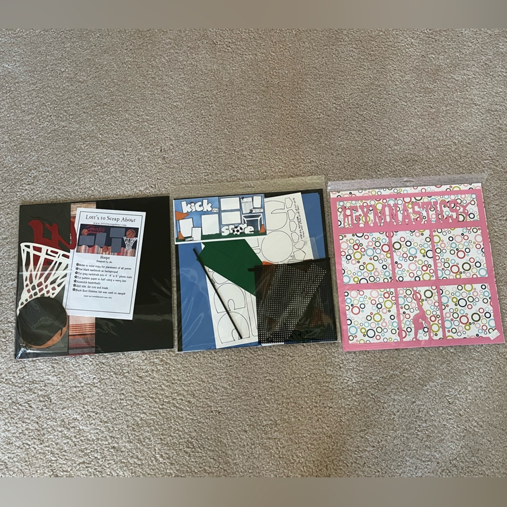 12x12 scrapbook kits. Predesigned and packaged sports themed kits.